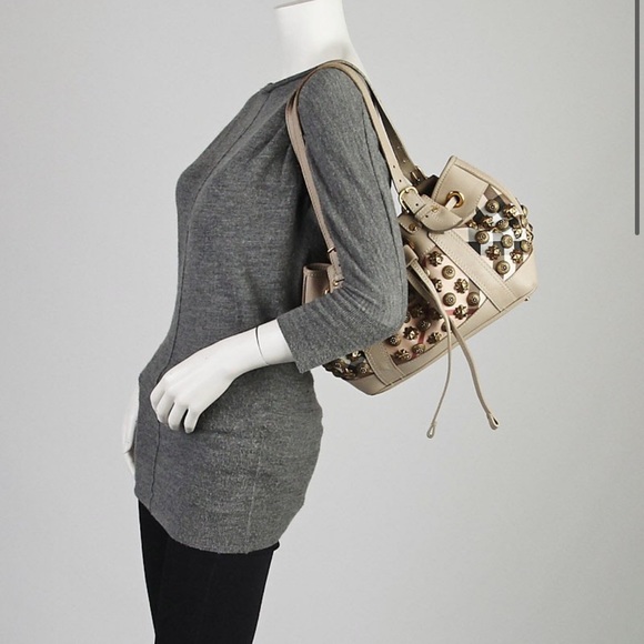 Burberry Taupe Leather Supernova Check Coated Canvas Gold Studs Bag - Picture 14 of 14